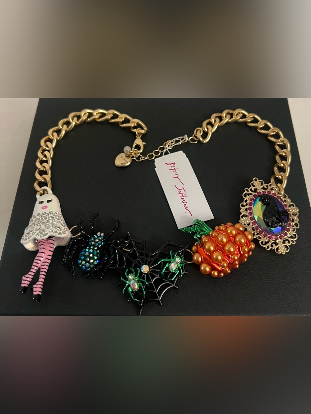 Betsey Johnson Halloween Statement Necklace with Pumpkin, Spider & Ghost Charms - Picture 15 of 16